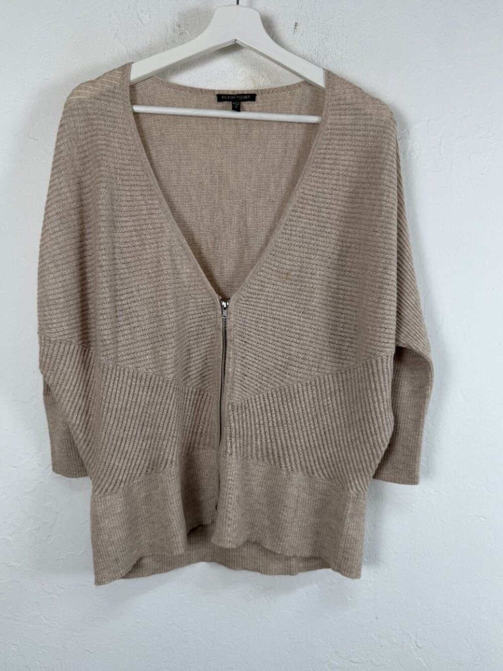 Eileen Fisher Women’s Beige 100% Wool Italian Crepe Knit Zip-Front Cardigan XL